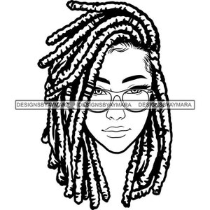 Asian Woman With Sista Locs Dreadlocks BW Big Hoop Earrings Headshot Wearing Eyeglasses SVG Vector Designs Clipart Cricut Silhouette Cutting