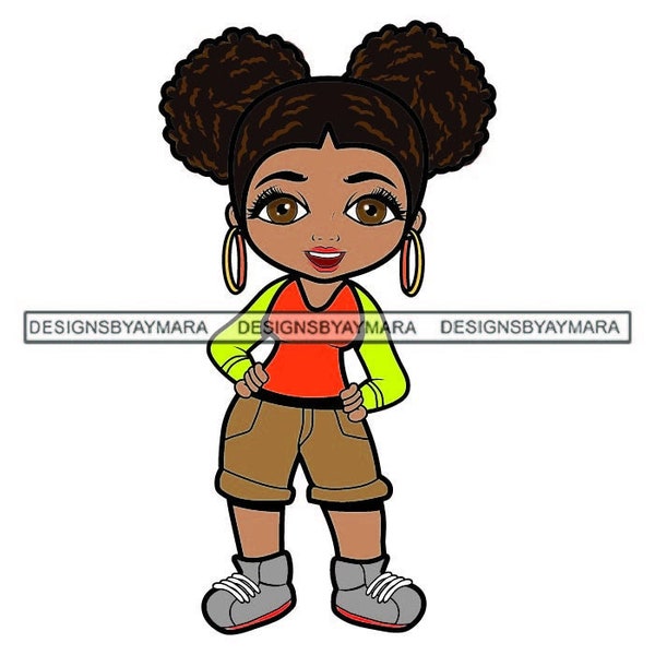 Cute Wide Eyed Hustler Afro Puffs Jean Khaki Shorts Boots Hoop Earrings Gray Boots SVG Vector Designs Clipart Cricut Silhouette Cutting