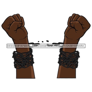 May include: Two brown fists are raised in the air, breaking free from black chains. The chains are linked together and are broken at the wrists. The background is white.