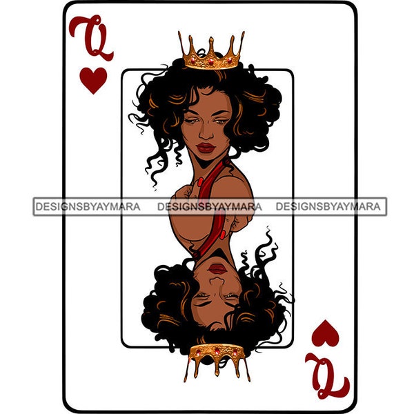 Beautiful Black Queen Of Hearts White Background Gold Crown Diva Cards Melanin SVG JPG PNG Vector Designs Clipart Cricut Silhouette Cutting