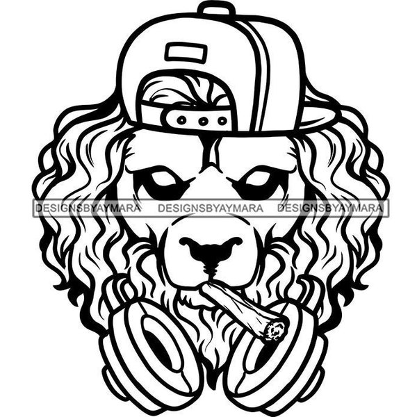 Sly Lion Wearing Backwards Baseball Cap Headphones Smoking King Of The Jungle SVG JPG PNG Vector Designs Clipart Cricut Silhouette Cutting