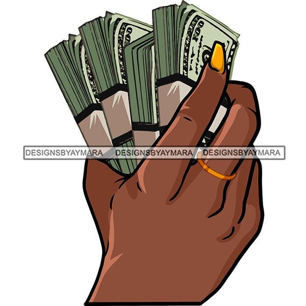 Woman's Hands Holding Four Stacks of Cash Dollars Gold Nail polish Gold Ring SVG JPG PNG Vector Designs Clipart Cricut Silhouette Cutting