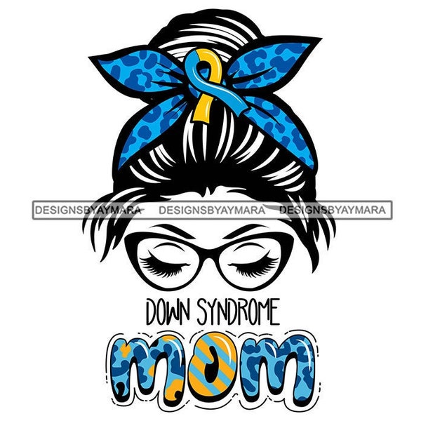 Down Syndrome Mom Life Woman With Bun Hairstyle Headband Eyeglasses Blue Ribbon SVG JPG PNG Vector Designs Clipart Cricut Silhouette Cutting