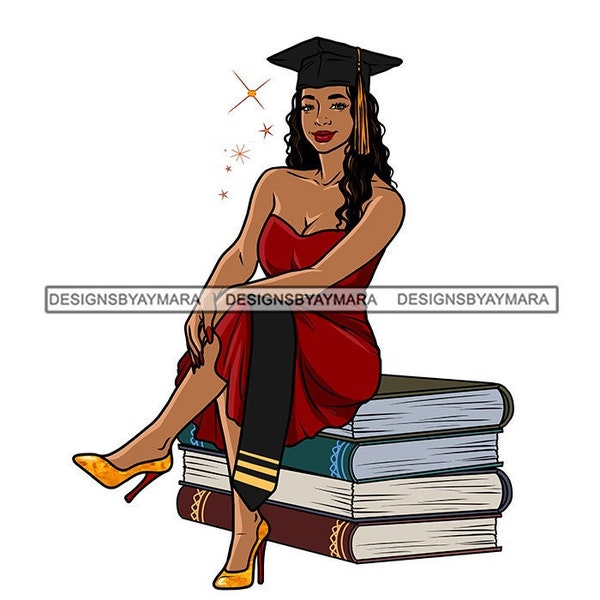 Graduation Young Pretty Woman Sitting Books Red Dress Degree Gown Cap Graduate Graduating Grad Class PNG JPG Cricut Print Cutting Designs