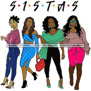 Four Lovely Sistas Black Woman Colorful Clothing Bantu Knots Long Hair Heels Purses  SVG Vector Designs Clipart Cricut Silhouette Cutting