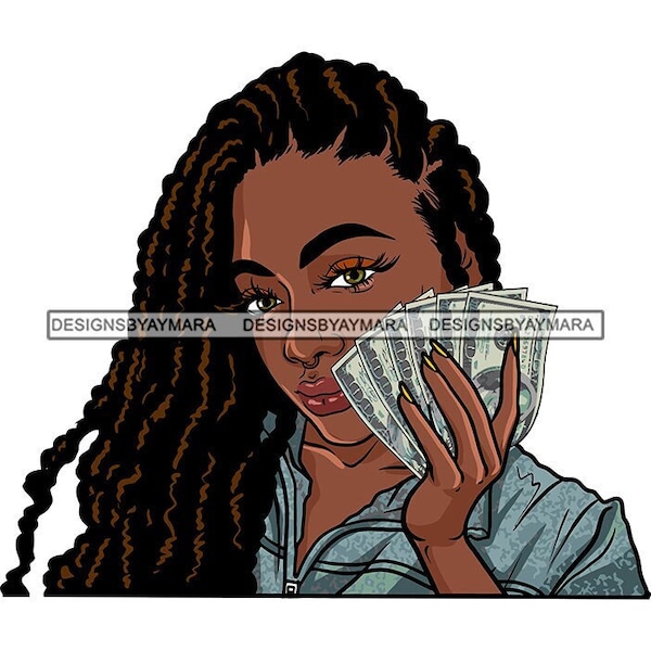 Beautiful Diva Wearing Sister Locs Holding A Fan of Cash Money Dollar Bills Jean Shirt  SVG Vector Designs Clipart Cricut Silhouette Cutting