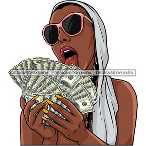 Könnte beinhalten: Illustration einer Person mit rosa Sonnenbrille und weißem Kopftuch, die einen großen Stapel Hundert-Dollar-Scheine hält. Die Person hat die Zunge herausgestreckt und gelben Nagellack. Das Bild enthält den Text "DESIGNSBYAYMARA".