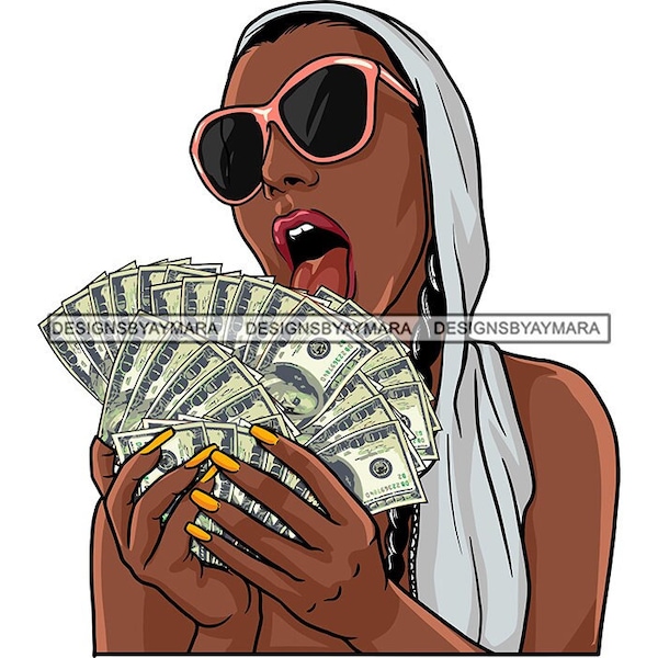 Diva Wearing Silver Head Covering Holding Stacks Cash Money Dollar Wearing Sunglasses SVG Vector Designs Clipart Cricut Silhouette Cutting