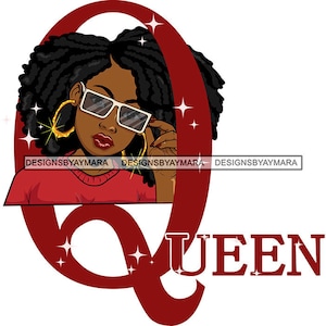 Q para Queen Black Queen en letra grande Q Rojo Locs Shades Apuntando Dos Pistolas de Oro SVG JPG PNG Vector Designs Clipart Cricut Silhouette Cutting