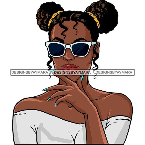 Melanin Woman Off the Shoulder Top White Sunglasses Afro Puffs Turquoise Nails SVG JPG PNG Vector Designs Clipart Cricut Silhouette Cutting