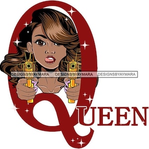 Q para Queen Black Queen en una letra grande Q Rojo en color Apuntando dos pistolas de oro SVG JPG PNG Diseños vectoriales Clipart Cricut Silhouette Cutting