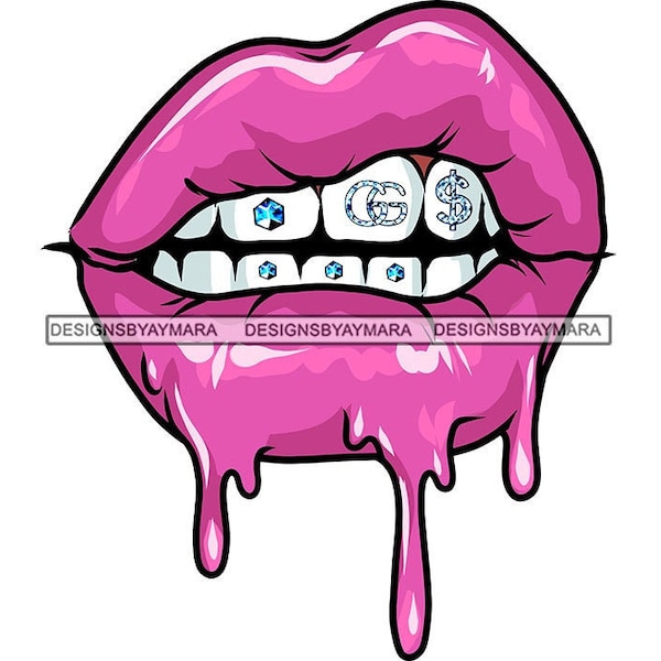 Woman Juicy Dripping Pink Lips Gems Dollar Sign GG Diamonds Gemstone Fashion Jewel Teeth Jewelry Carat PNG JPG Cricut Print Cutting Designs