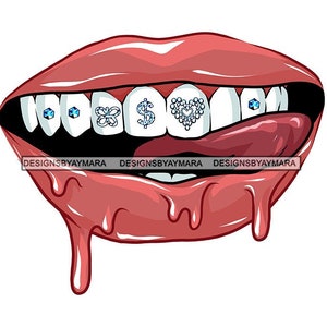 Woman Dripping Lips Pink Tongue Dollar Sign Heart Diamonds Gemstone Fashion Jewel Teeth Jewelry Carats PNG JPG Cricut Print Cutting Designs