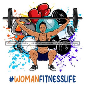 Strong Woman Fitness Life Bodybuilding Power Lifter Squats Barbell Athletic Workout Exercise SVG PNG JPG Cricut Print Cutting Vector Designs