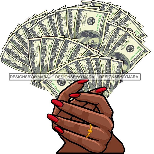 Woman's Hands Holding Piles Cash Money Stacks Fanned Dollar Bills Gold Ring SVG JPG PNG Vector Designs Clipart Cricut Silhouette Cutting