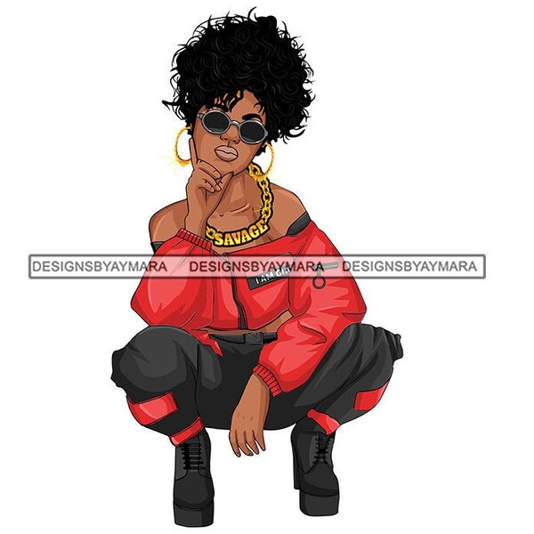 Sassy Savage Diva In Red Blouse Black Pants Black Boots  Kneeling Gold Chain SVG JPG PNG Vector Designs Clipart Cricut Silhouette Cutting