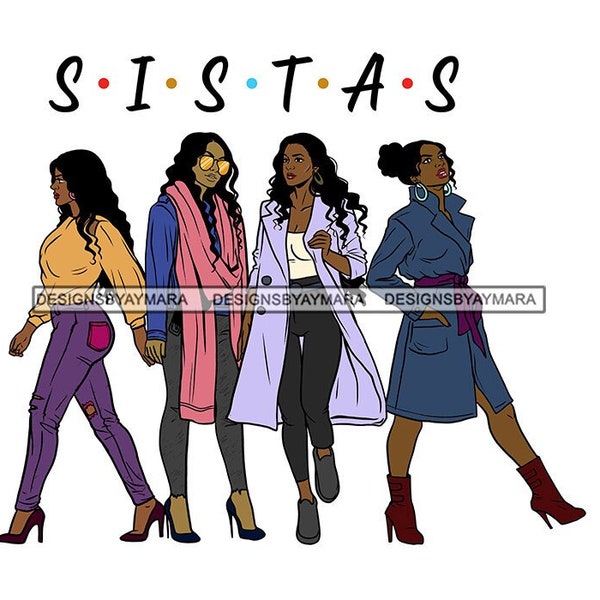 Four Sistas Black Women Hanging Out Wearing Coats Dresses Heels Purple Jeans Lilac Coat SVG Vector Designs Clipart Cricut Silhouette Cutting