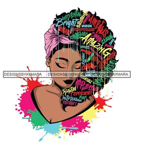 May include: A digital illustration of a woman with an afro hairstyle. The afro is made up of colourful words, including "amazing", "influential", "efficient", and "brave". The woman is wearing a pink headband and has her eyes closed. The background is a colourful splatter pattern.