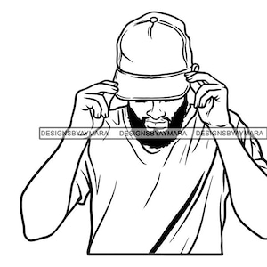 May include: Black and white line art illustration of a person wearing a baseball cap pulled down over their eyes. The person is wearing a t-shirt.