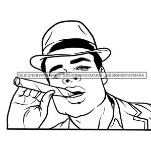 Homem negro vestindo um chapéu, paletó e camisa segurando um longo charuto em Bw fumando SVG JPG PNG Vector Designs Clipart Cricut Silhouette Cutting