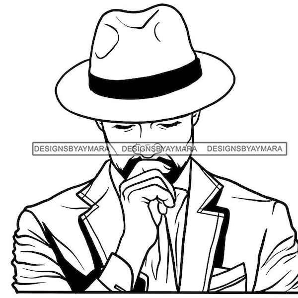 Handsome Black Man Wearing Hat Suit Shirt Goatee Head Down Fist On Mouth In Bw SVG JPG PNG Vector Designs Clipart Cricut Silhouette Cutting