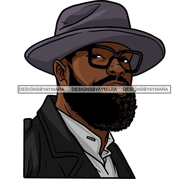 Handsome Black Man With Full Beard Eyeglasses Wearing Gray Hat Jacket Shirt SVG JPG PNG Vector Designs Clipart Cricut Silhouette Cutting