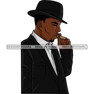 Sharp Black Man Wearing Black Hat Black Suit Smoking Cigar Smoke Cigars Goatee SVG JPG PNG Vector Designs Clipart Cricut Silhouette Cutting
