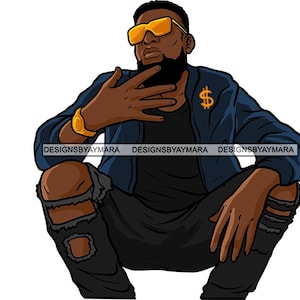 May include: A cartoon illustration of a person wearing a blue jacket, black pants, and yellow sunglasses. The person is sitting with their legs crossed and has a dollar sign on their jacket.