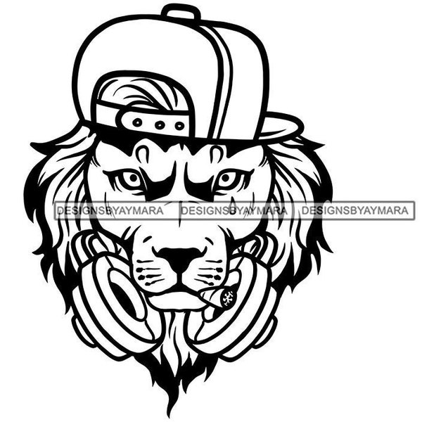 Big Angry Lion Wearing Backwards Baseball Cap Animal Paws In Black and White SVG JPG PNG Vector Designs Clipart Cricut Silhouette Cutting