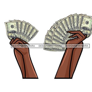 Due braccia di donna nera mani che tengono giù pile di dollari in contanti banconote denaro SVG JPG PNG disegni vettoriali Clipart Cricut Silhouette Taglio