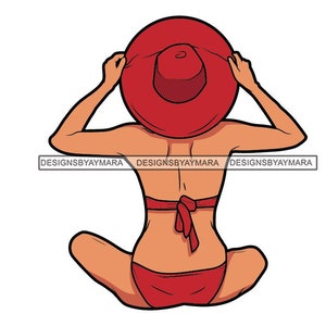 Black Woman In A Red Bikini Wearing Big Sun Hat Two Piece Bathing Suit Holding Big Hat SVG Vector Designs Clipart Cricut Silhouette Cutting
