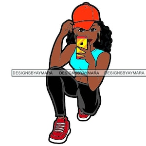 Big Afro Woman In Baseball Cap Kneeling Taking A Selfie In Orange Baseball Cap Black  SVG Vector Designs Clipart Cricut Silhouette Cutting