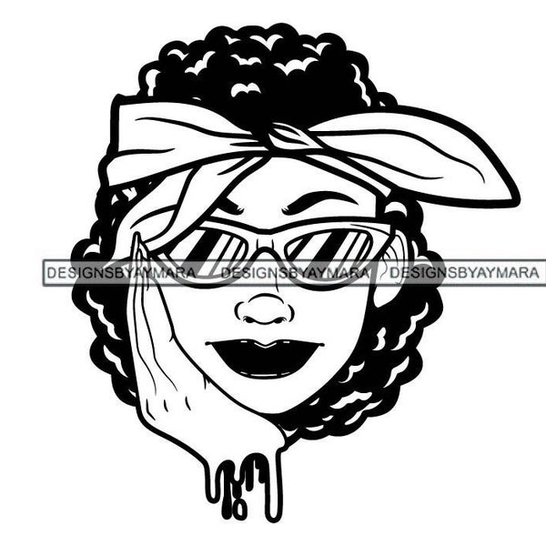 Big Afro Black Woman Wearing Tied Bandana Sunglasses Dripping Hand On Face Black White SVG Vector Designs Clipart Cricut Silhouette Cutting