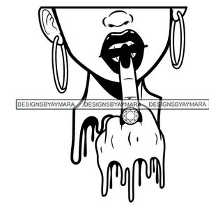 Half Woman Face Big Hoop Earrings Giving Middle Finger Neck Dripping In Black White SVG Vector Designs Clipart Cricut Silhouette Cutting