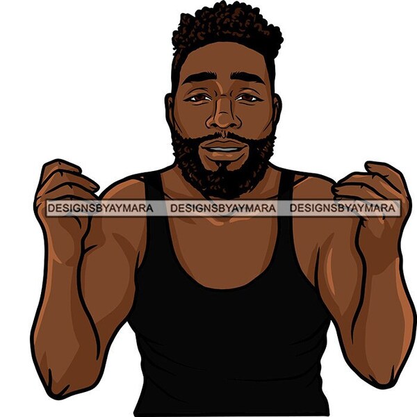 Young Black Man Wearing Black Tank Top Hands Arms Up Full Beard Afro Gangster SVG JPG PNG Vector Designs Clipart Cricut Silhouette Cutting