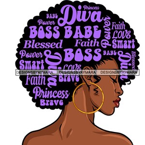 Beautiful Black Queen With Words In Big Afro Diva Boss Babe Blessed In Purple  SVG JPG PNG Vector Designs Clipart Cricut Silhouette Cutting