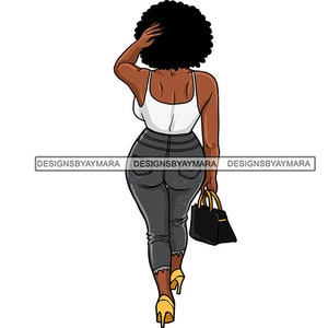 Diva Walking Away In Blue Jeans White Top Yellow Heels With Purse Big Afro Hips SVG JPG PNG Vector Designs Clipart Cricut Silhouette Cutting