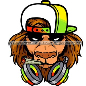 Big Nose Lion Wearing Backwards Green Yellow Baseball Cap And Headphones Color SVG JPG PNG Vector Designs Clipart Cricut Silhouette Cutting