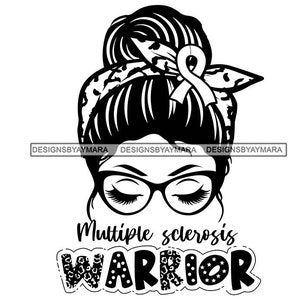 Multiple Sclerosis Warrior Woman With Bun Hairstyle Headband Eyeglasses  Ribbon SVG JPG PNG Vector Designs Clipart Cricut Silhouette Cutting