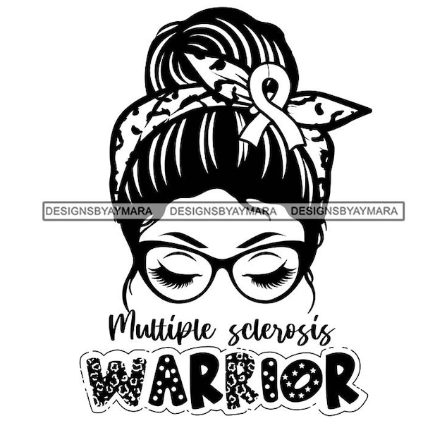 Esclerosis Múltiple Mujer Guerrera Con Moño Peinado Diadema Gafas Cinta SVG JPG PNG Vector Diseños Clipart Cricut Silhouette Cutting