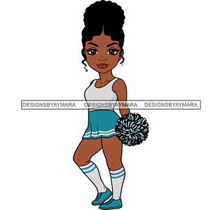 May include: A cartoon illustration of a Black cheerleader wearing a white tank top, a blue and white skirt, and white socks. She is holding a blue and white pom-pom in her right hand.