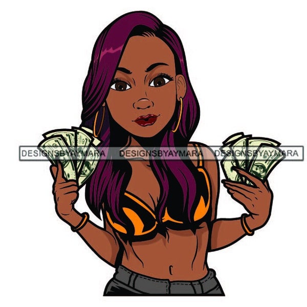 Black Woman Wearing Orange and Black Halter Top Holding Stacks of Cash In Her Hands   SVG Vector Designs Clipart Cricut Silhouette Cutting