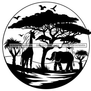Safari Fauna Sun Tree Animal Nature Wildlife Giraffe Africa Elephant Jungle Tropical Landscape Savanna SVG PNG JPG Vector Cutting Designs