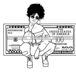 Sassy Melanin Woman On A Hundred Dollar Bill Money Cash Bills Wearing Boots Bw SVG JPG PNG Vector Designs Clipart Cricut Silhouette Cutting