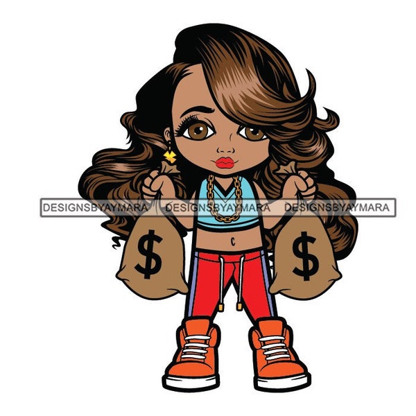 Wide Eyed Lola Orange Sneakers Red Pants Holding Two Bags Of Cash Money Chain SVG JPG PNG Vector Designs Clipart Cricut Silhouette Cutting