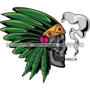 May include: A black and white skull wearing a green and gold headdress with pink accents. The skull is smoking a cigarette and there is smoke coming from its mouth.