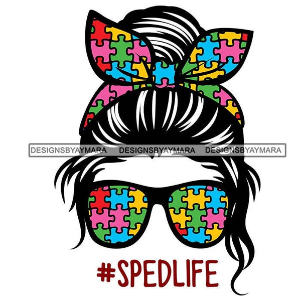 Autistic Life Woman Bun Hairstyle Headband Puzzle Pieces Eye Glasses Messy Hair SVG JPG PNG Vector Designs Clipart Cricut Silhouette Cutting