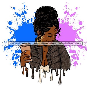 Dripping Black Woman Drinking Coffee Logo Splash Element Hoop Earrings Melanin Nubian SVG JPG PNG Vector Clipart Cricut Cut Cutting File