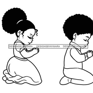 Two Children Praying Boy And Girl Afro Hair Head Bowed Children Kids Coloring   SVG JPG PNG Vector Designs Clipart Cricut Silhouette Cutting