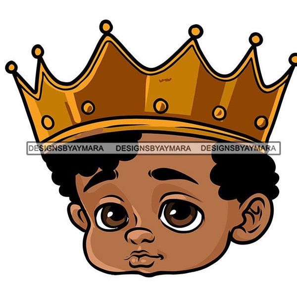 Adorable Cute Melanin Baby Boy Portrait Prince King Big Gold Crown Royal Cuddly Face Toddler Baby Boy Child SVG PNG JPG Vector Cut Designs